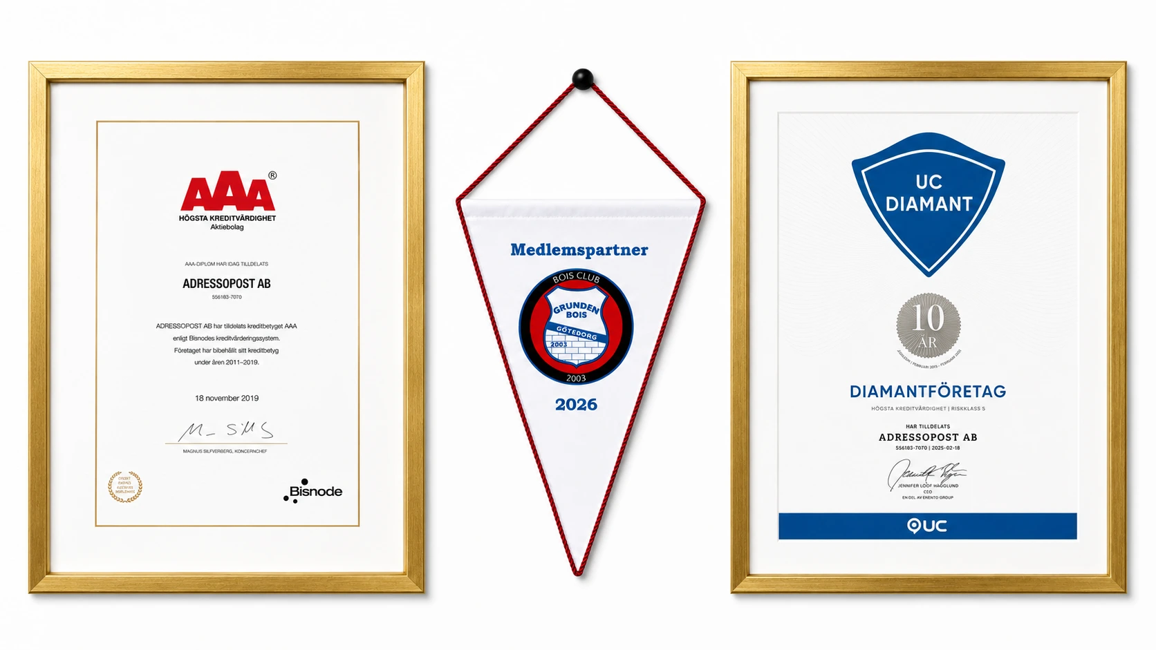 Adressopost utmärkelser — Bisnode AAA, Medlemspartner och UC Diamantföretag